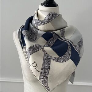 Christian Dior Silk Navy and Cream Graphic Scarf